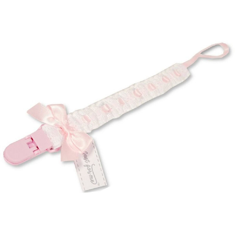 Picture of GP-25-1124: BABY DUMMY CLIP WITH LACE BAND & BOW- PINK/BLU/